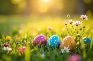 Fototapeta premium Colorful Easter eggs among the grass in a sunlit meadow in springtime