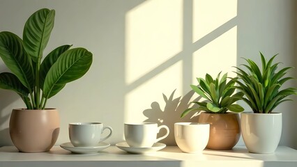 Indoor plants with soft shadows on a light background in natural sunlight