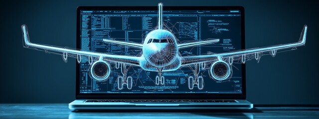 A modern laptop with the screen displaying an engineering software, on which there is also a three-dimensional airplane floating