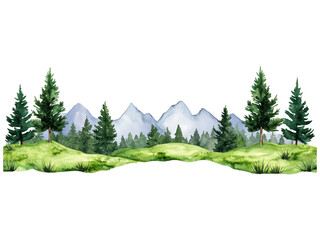 Fototapeta premium Peaceful Mountain Landscape with Lush Green Trees and Majestic Peaks in the Background