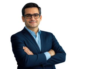 Business man in glasses and formal clothes looking at viewer with confidence and friendly smile, standing with arms crossed, isolated on blue background