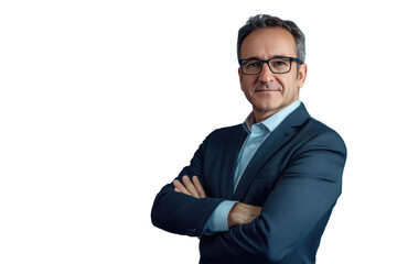 Business man in glasses and formal clothes looking at viewer with confidence and friendly smile, standing with arms crossed, isolated on blue background