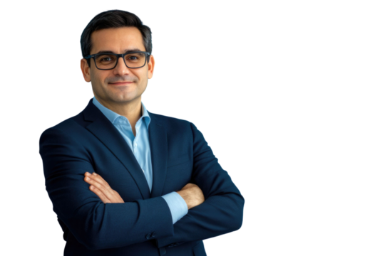 Business man in glasses and formal clothes looking at viewer with confidence and friendly smile, standing with arms crossed, isolated on blue background