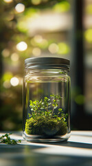 A glass jar filled with small plants and moss, eco-friendly theme, warm natural light, isolated on a white surface, minimalistic design 