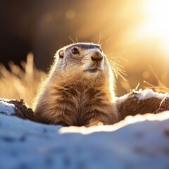 Obraz premium Groundhog emerging from a burrow on a chilly winter morning, sunlight shining --personalize c75zc2s --v 6.1 Job ID: 5fdbb5f9-c305-41af-bf19-ceef2749187d