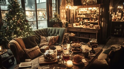 Fototapeta premium Cozy christmas gathering warmly lit living room intimate family celebration charming atmosphere close-up viewpoint holiday spirit and togetherness
