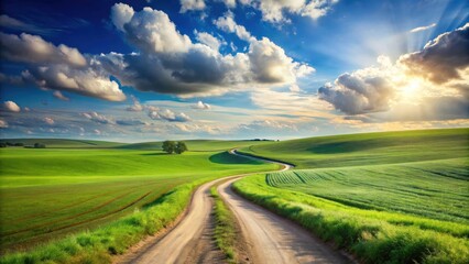 Obraz premium Serene Country Road Winding Through Lush Green Fields Under a Dramatic Sky