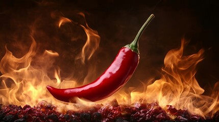 Hot red chili pepper on fire background