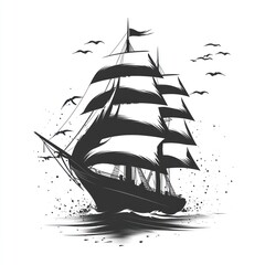 Black and white illustration of a sailing ship at sea with birds. (1)