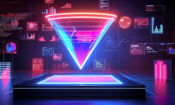 Futuristic data funnel visualization with glowing neon graphics and charts on dark background. Animation looping video background. Generated with AI
