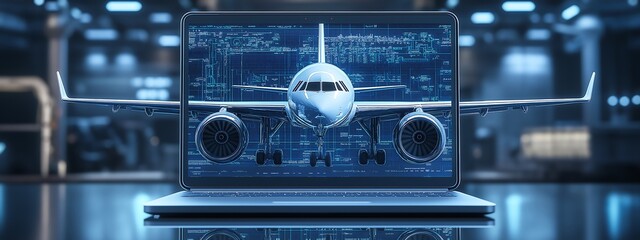 Fototapeta premium A modern laptop with the screen displaying an engineering software, on which there is also a three-dimensional airplane floating