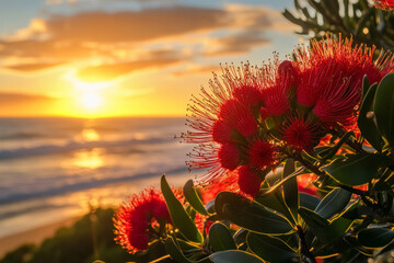 Red sunlit pohutukawa tree flowers against the background of sea and glowing sunset. Iconic New Zealand's native Christmas tree.