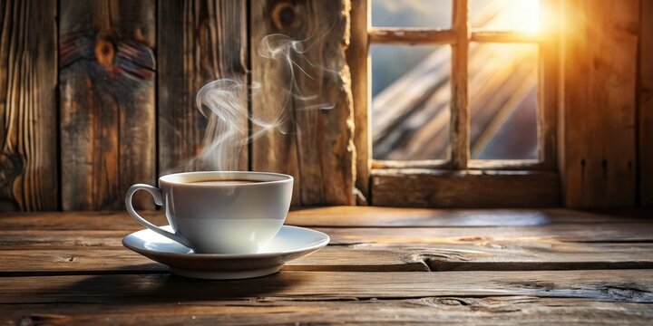 A steaming cup of coffee rests on a rustic wooden table, bathed in the warm glow of morning sunlight filtering through an old window.