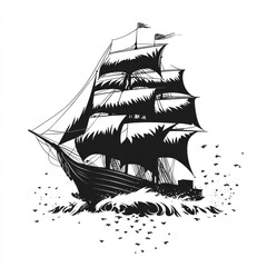 Monochrome sketch of a sailing ship navigating rough seas.
