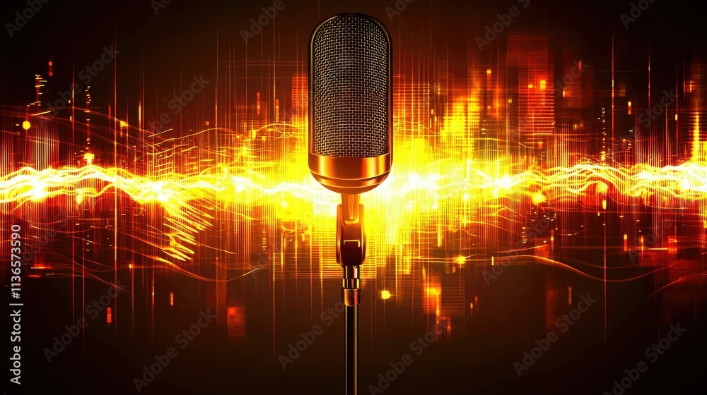 Poster Vector design of a podcast microphone with sound waves on a bright background 
