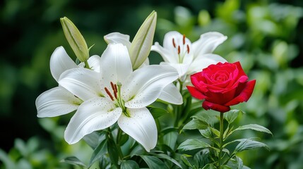 Vibrant White Lilies and Red Rose Surrounded by Lush Greenery