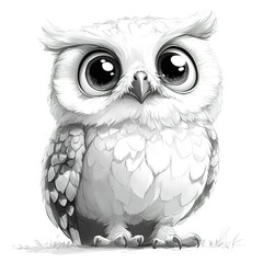 Fototapeta premium A cute white owl with big eyes is sitting on the grass