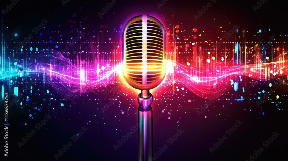 Poster Vector design of a podcast microphone with sound waves on a bright background 