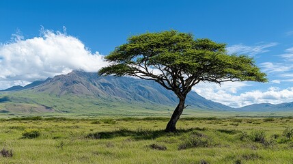 Lone Tree on Lush Green Grass with Majestic Mountain Backdrop Under Blue Sky