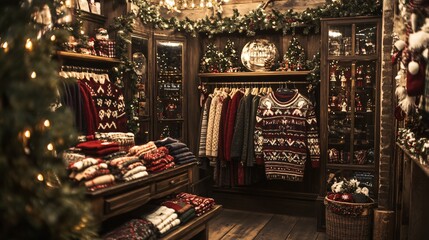 Christmas sweater shop cozy cabin retail display festive atmosphere indoor holiday shopping experience