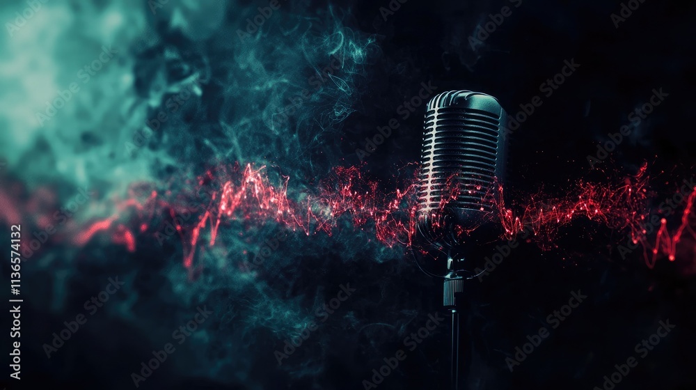 Poster Subtle podcast-themed background with audio waves and mic graphics on a dark backdrop 
