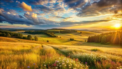 Fototapeta premium Golden Hour Serenity Rolling Hills, Wildflowers, and a Vibrant Sunset