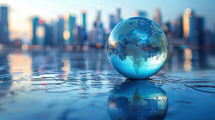 A stunning globe reflecting a vibrant cityscape at sunset over calm waters. This image captures the essence of travel and urban beauty, perfect for various creative projects