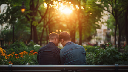 Fototapeta premium Romantic Moment Between Two Men Sitting Together at Sunset