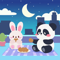 An illustration of a bunny and panda enjoying cookies on a rooftop under a moonlit night. Cute bunny and panda enjoy cookies at night.