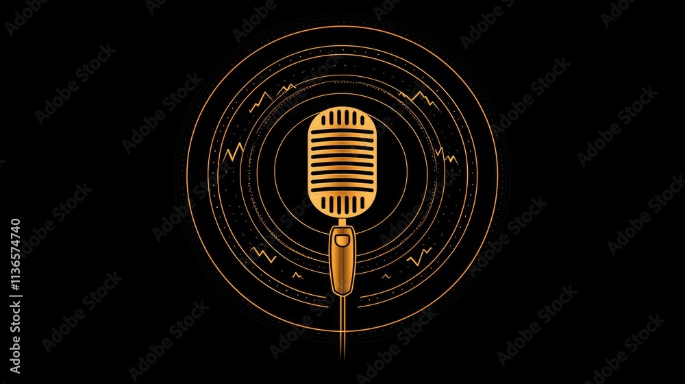 Poster minimalist podcast logo with a microphone and sound waves in a circle