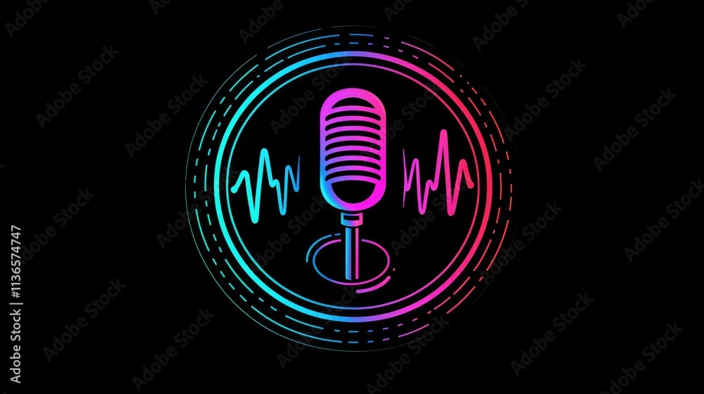 Poster minimalist podcast logo with a microphone and sound waves in a circle