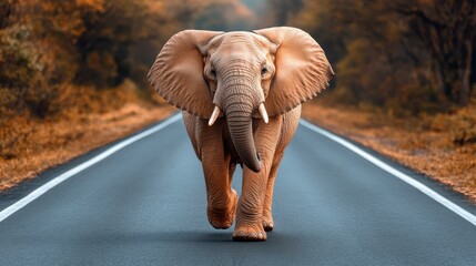 Obraz premium Wild Journey. Elephant walking on empty road in autumn forest landscap