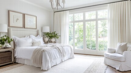 serene white bedroom with french doors and lush greenery
