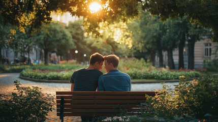 Fototapeta premium Romantic Moment Between Two Men Sitting Together at Sunset