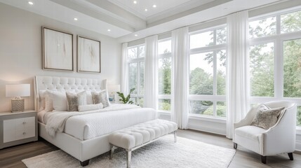 Fototapeta premium luxurious white bedroom with large windows