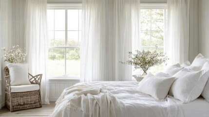 serene white bedroom with natural light and linen bedding
