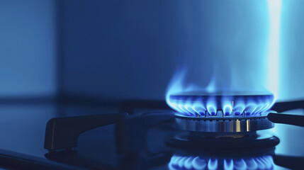 close up of gas stove burner with vibrant blue flames, showcasing energy and warmth of cooking. image captures essence of home cooking and culinary preparation