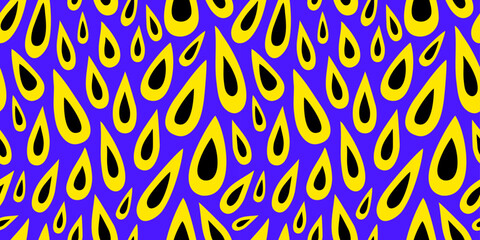  Seamless pattern with yellow-black drops on a blue background. Abstract pattern with drops of various shapes. Vector flat illustration