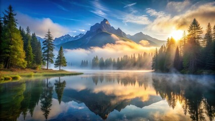 Fototapeta premium Serene Sunrise Over Misty Mountain Lake With Evergreen Reflections