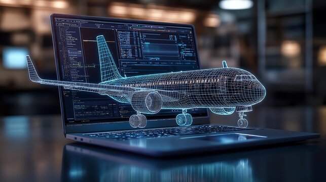 A modern laptop with the screen displaying an engineering software, on which there is also a three-dimensional airplane floating