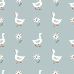Seamless pattern with geese and daisies on a blue background