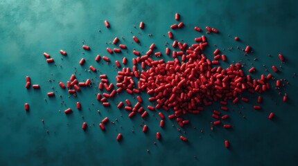 Abstract Aerial View of Red Pills on Blue Textured Background