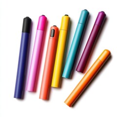 Colorful vapes and electronic cigarettes on a white isolated background, highlighting modern vaporization options.