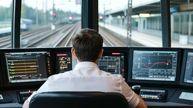 Train Conductor Monitoring Railway Signals in Control Room