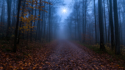 Fototapeta premium Misty forest path at twilight.