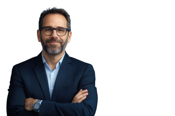 Business man in glasses and formal clothes looking at viewer with confidence and friendly smile, standing with arms crossed, isolated on blue background