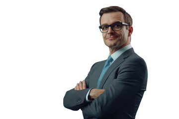 Business man in glasses and formal clothes looking at viewer with confidence and friendly smile, standing with arms crossed, isolated on blue background