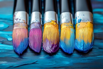 Fototapeta premium Vibrant paintbrushes with colorful strokes on canvas, expressing creativity and artistic passion.