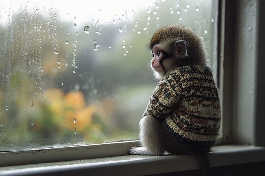 Tiny Monkey in Patterned Sweater Looking Out Rainy Window

