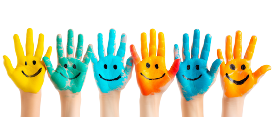 Colorful painted hands with smiley faces, arranged upright on a clean white background, emphasizing creativity, happiness, and artistic fun. Ai generative.